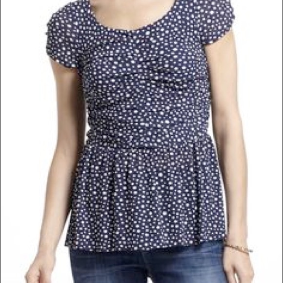 Anthropologie Gathered Mesh Peplum Tee, Navy Dot - Picture 1 of 6